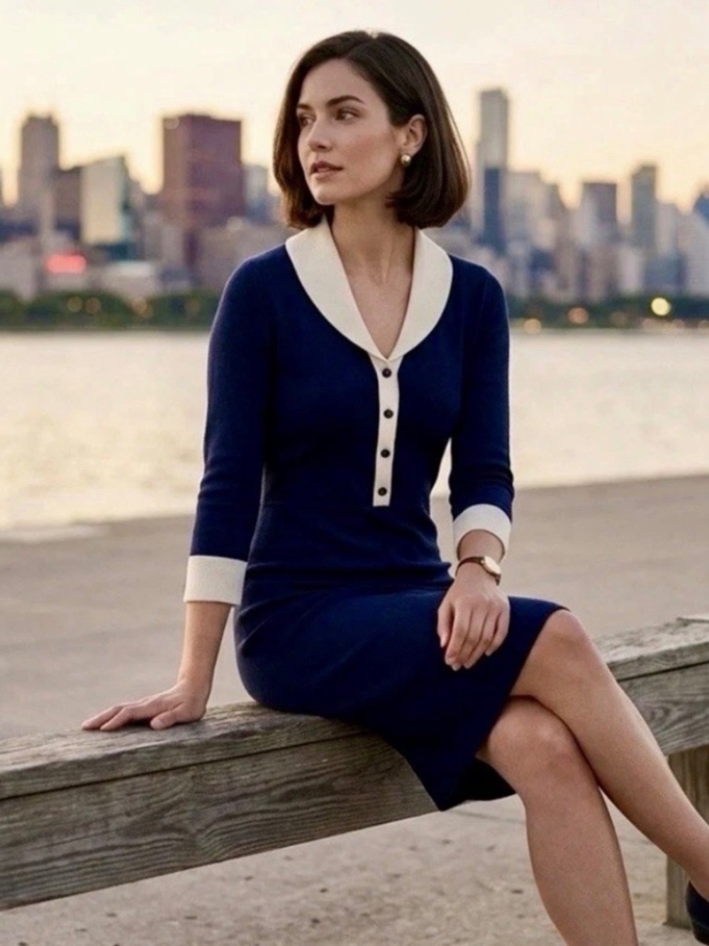 Anne Klein Women's V-Neck Dress 3/4 Sleeve Knee Length Stretch Size Large NWT
